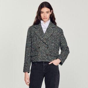 Sandro Cropped Multicolor Tweed Blazer - Green, Black, Cream